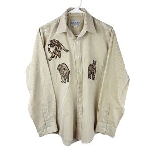 Las Olas Button Down Pinstripe Embroidered Exotic Safari Animal Print Shirt